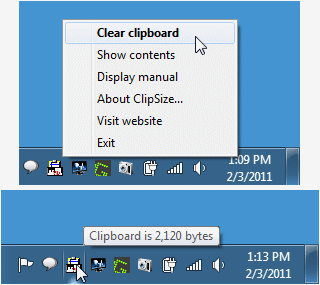Displays clipboard size and allows clipboard to be cleared