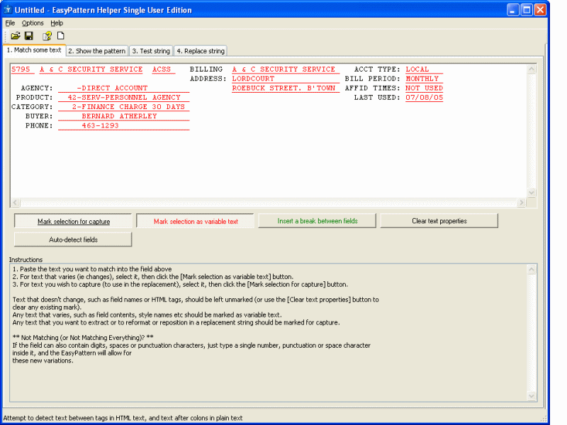 Point and click perl patterns for text extraction,matching and replacing