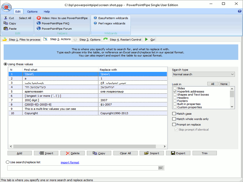 Search and Replace Microsoft PowerPoint presentations, change hyperlinks